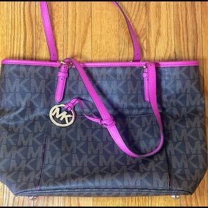 Michael Kors Large Jet Set Signature MK monogram style Brown w Pink accent